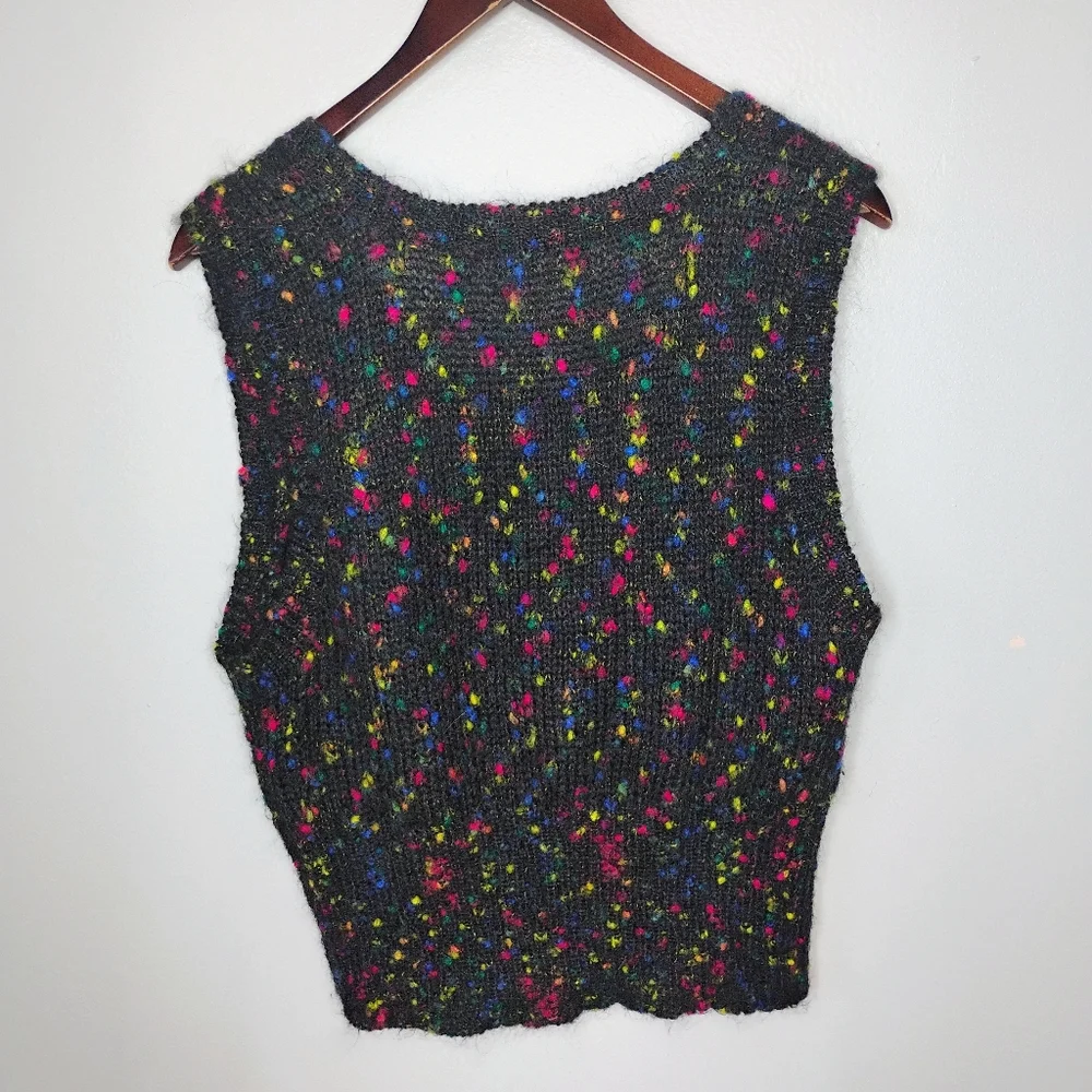 Vintage 90s Stefano Basics Mohair Sweater Vest Black Rainbow Confetti Knit Large